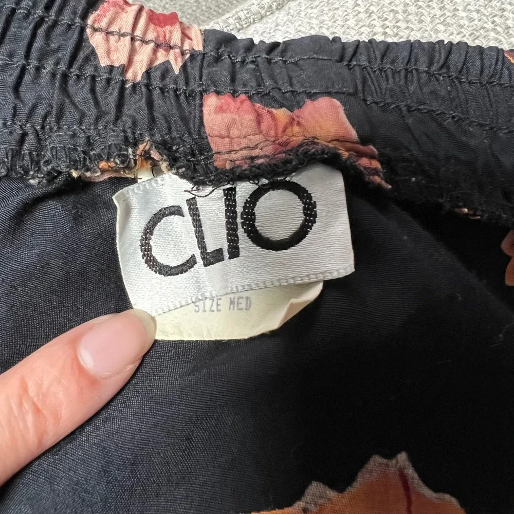CLIO Dark Floral‎ Print Maxi Skirt Black Size Medium Elastic Waist Vintage USA
